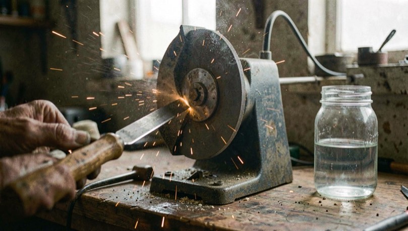 A chisel held against the wheel of a bench grinder with a fine spray of sparks and a jar of water on the bench beside it, dim workshop, close view from the side.
