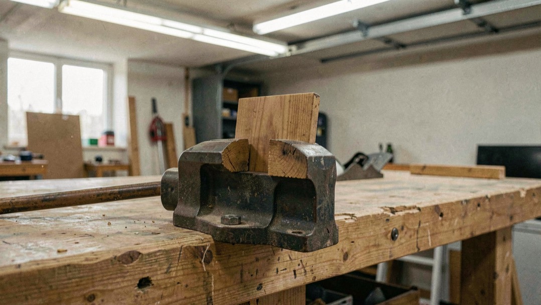 A steel vice bolted to the corner of a timber workbench with wooden jaw liners fitted, a board held upright in it and a plane resting on the bench top, garage striplight overhead, close view.