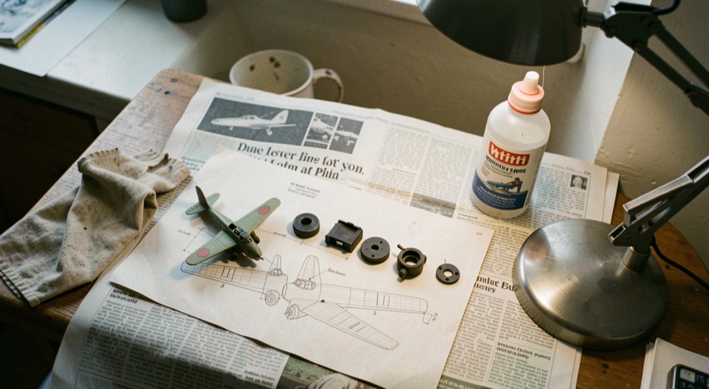 A small block plane taken apart on a sheet of clean newspaper with the body, iron, lever cap, adjuster and mouth plate laid in a row, a rag and a bottle of white spirit beside them, bench lamp light, view from above.