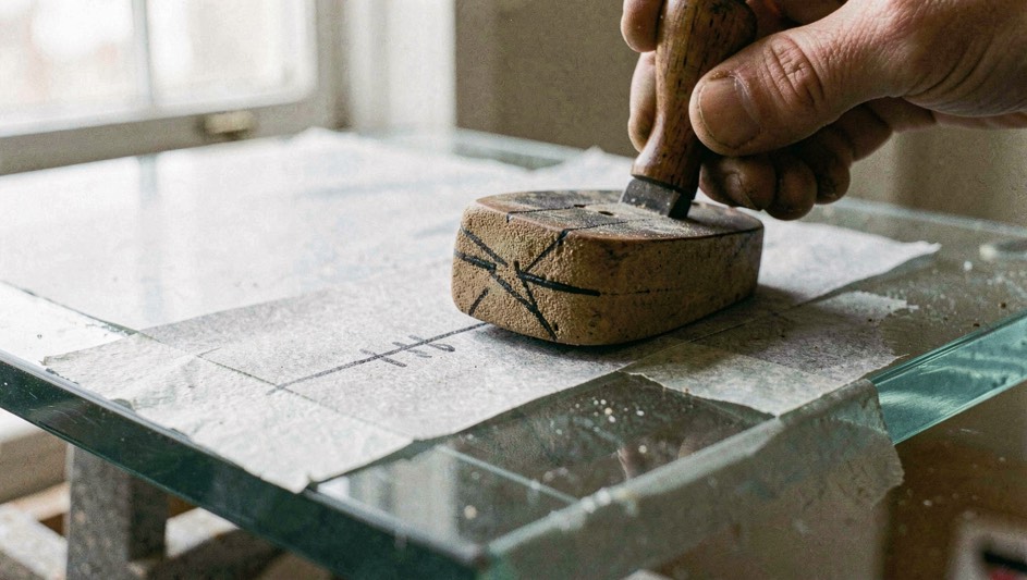 The sole of a small block plane being rubbed along a sheet of grey abrasive paper taped to a thick piece of glass, black marker lines partly worn away on the sole, north light from a window, close view.