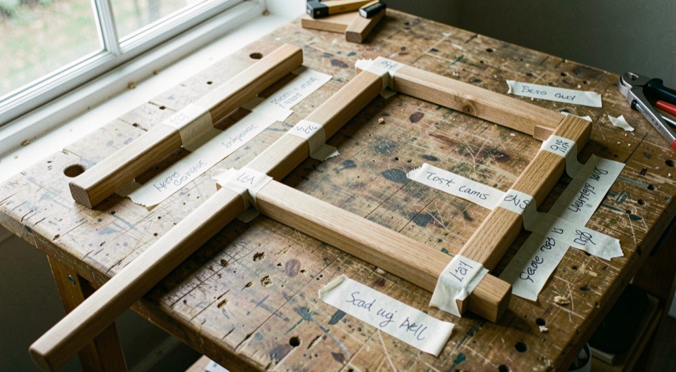 A beech chair frame taken apart on a workbench with each rail and leg labelled in pencil on masking tape, the joints laid out in the order they came off, daylight from a side window, view from above.