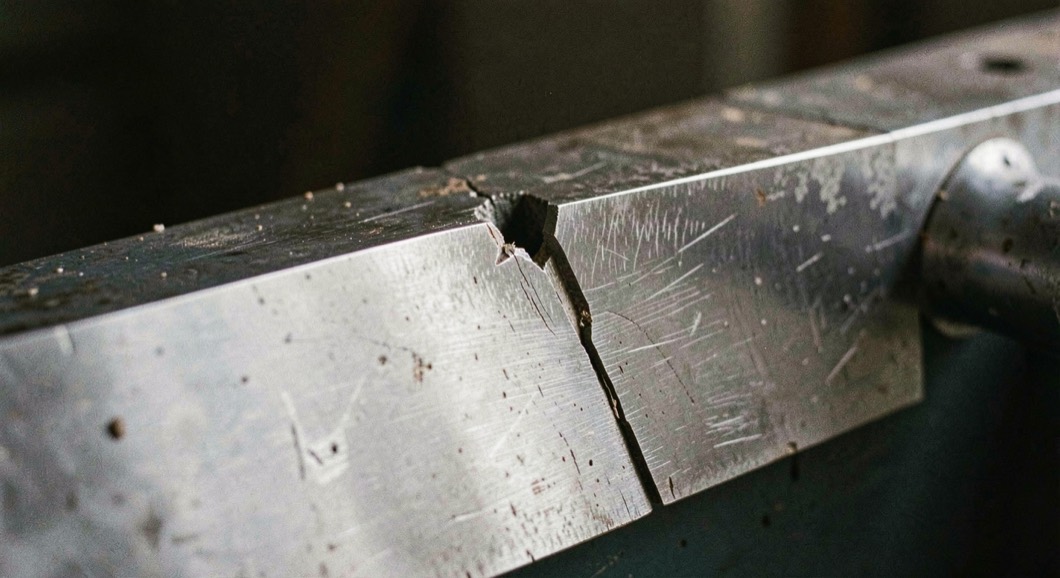 The cutting edge of a wide bench chisel photographed very close against a dark background, a clear notch broken out of the middle of the edge, hard side light picking out the damage.