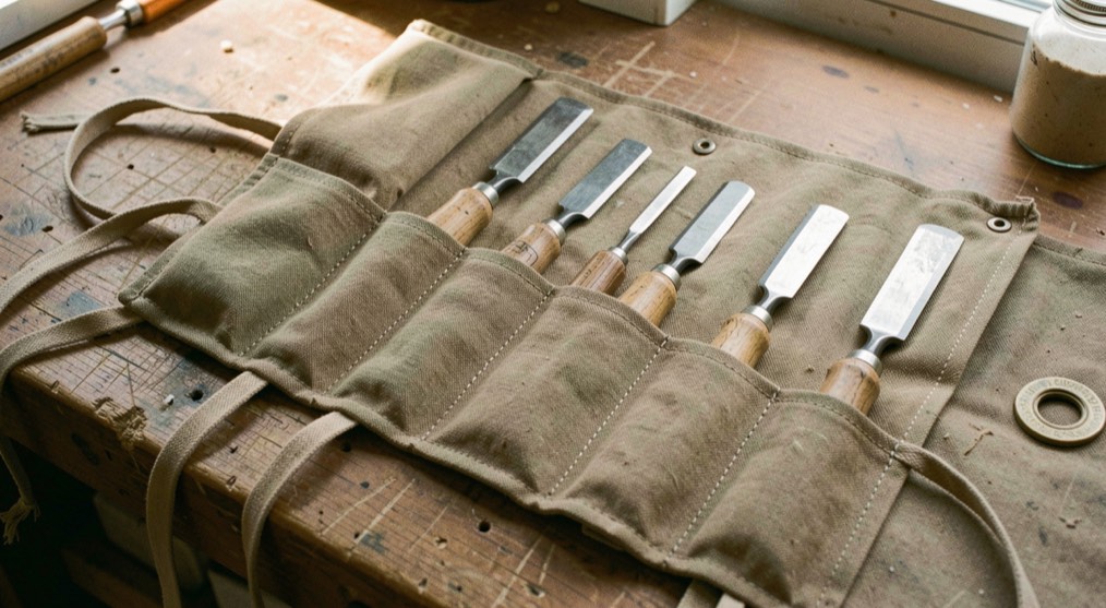A canvas tool roll opened out flat on a workbench with six chisels lying in its stitched pockets, the ties hanging over the edge, warm side light from a window, close view from above.