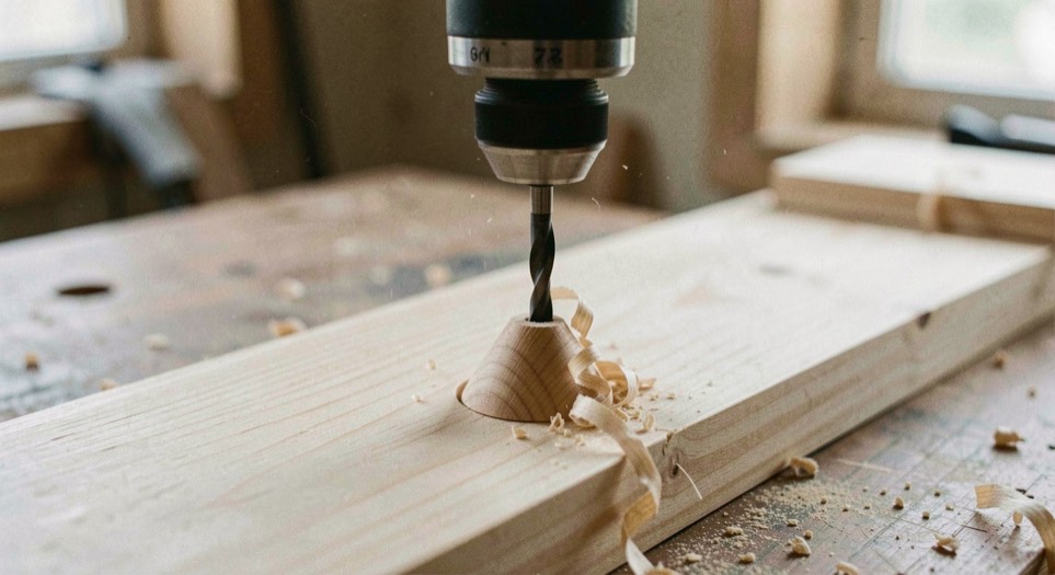 A rose countersink bit cutting a shallow cone in a pine board with a fine curl of shaving lifting from it, drill chuck visible above, bench light from one side, close view.