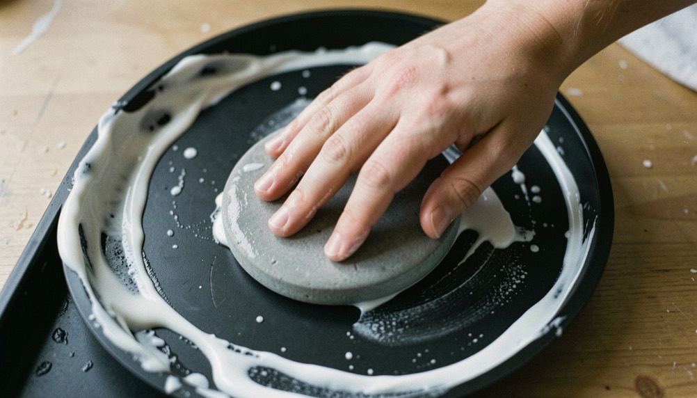 A hand pressing a wet grey water stone face down onto a black diamond plate in a shallow tray, white slurry spreading out around the edges, cool daylight, close view from above.