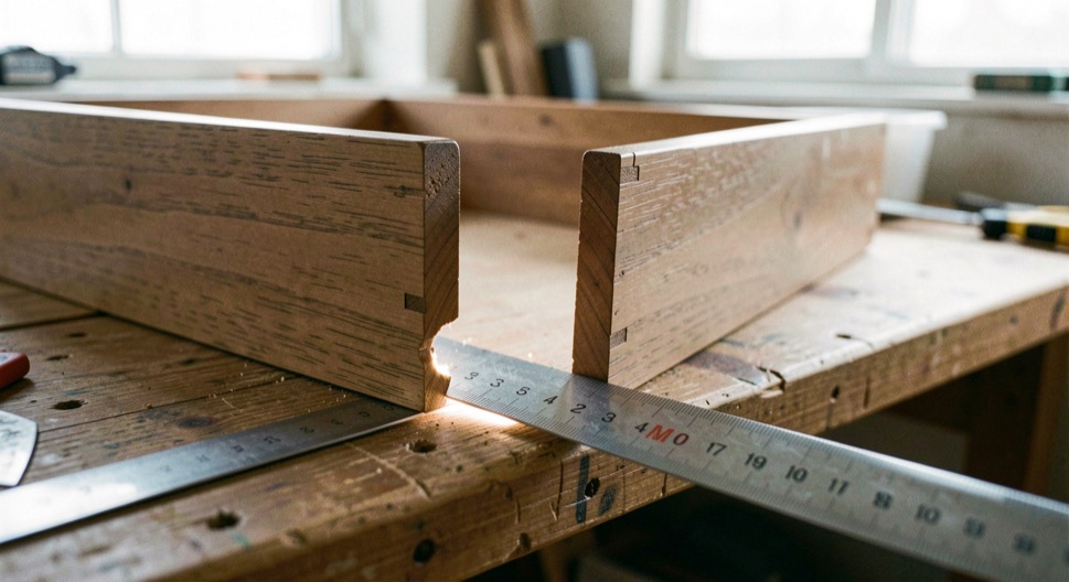 A wooden drawer turned on its side on a bench with a steel rule laid along the bottom edge of the drawer side, a clear hollow worn in the middle showing daylight beneath the rule, north light from a window, close view.
