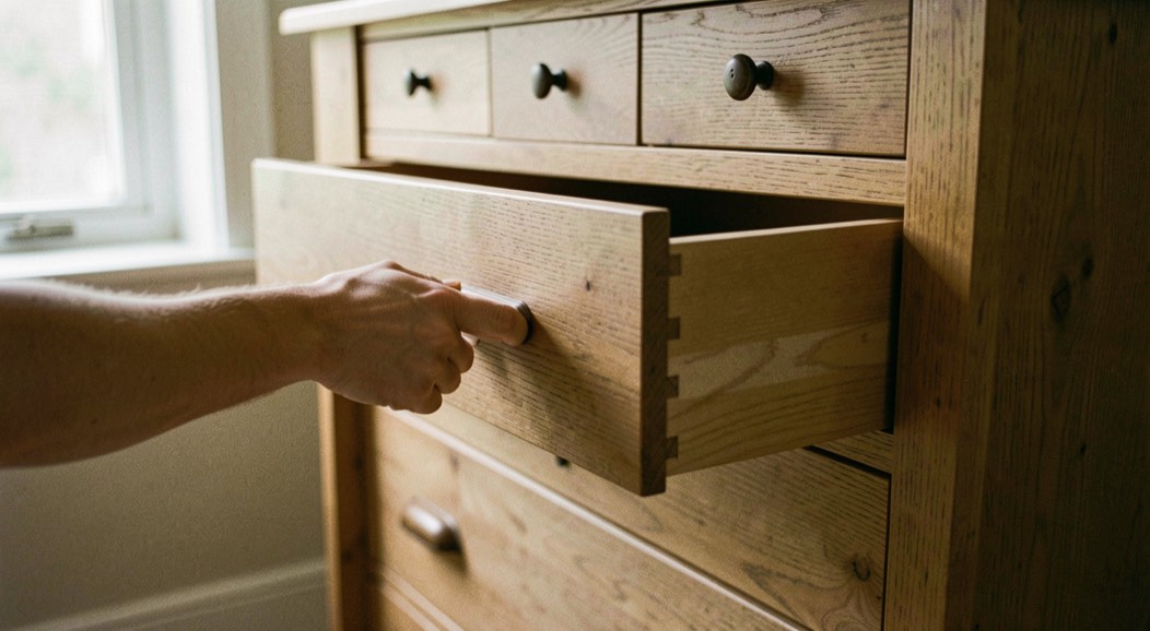 A hand pushing a wooden drawer smoothly into an oak chest of drawers with the drawer front still standing proud of the carcase, other drawers closed above and below, daylight from a window on the left, three quarter view.