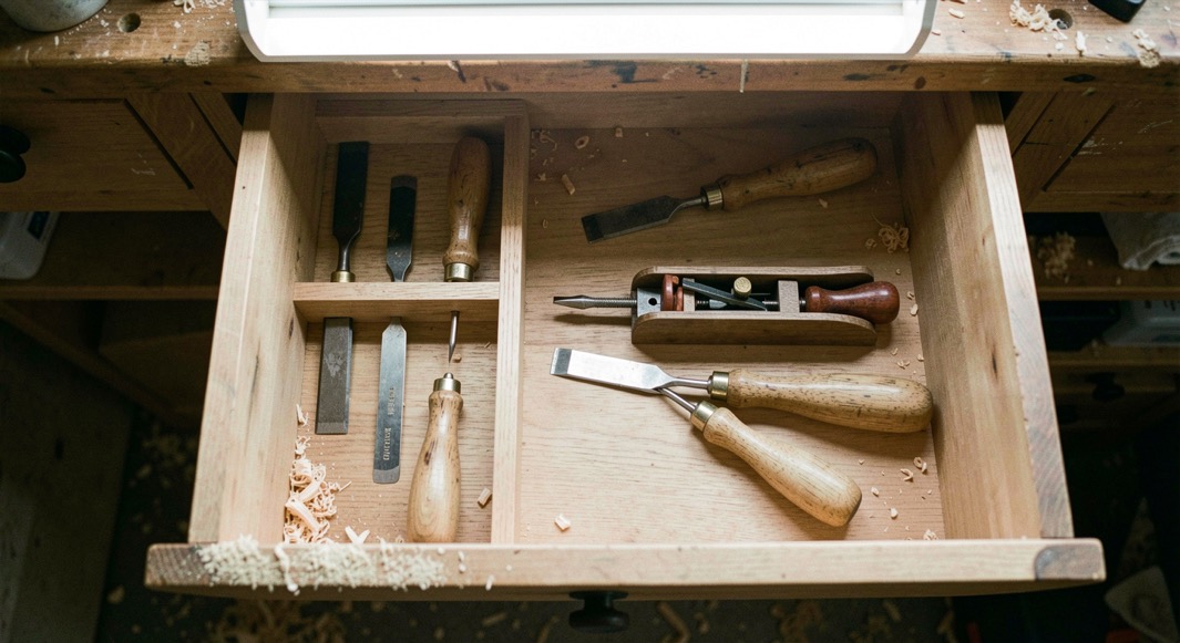 An open workbench drawer holding a removable softwood tray with chisels and a marking gauge lying in separate slots, sawdust on the drawer edge, striplight from above, view from directly overhead.