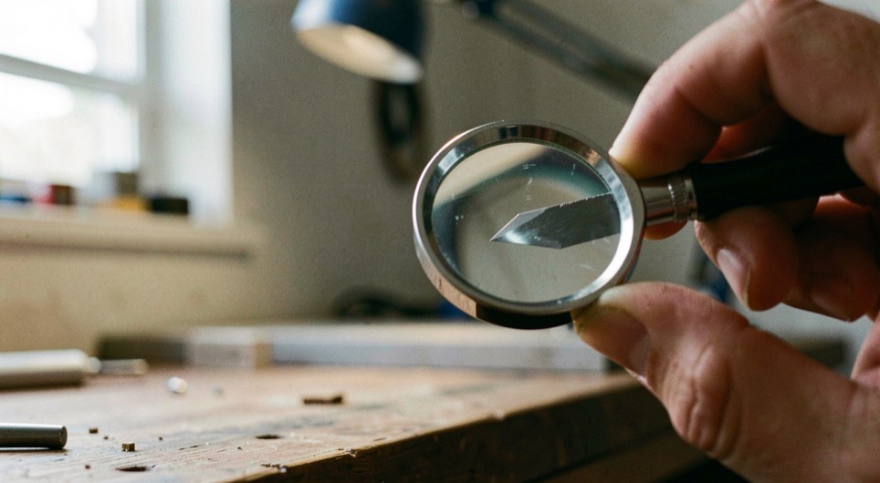 A chisel edge held under a small hand magnifier on a workbench with a lamp behind, the polished bevel and the line of the edge visible through the lens, close view.