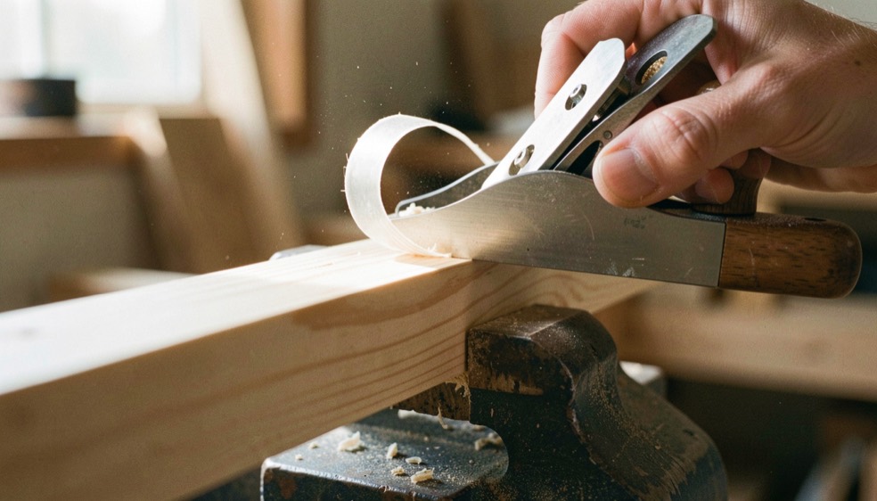 A translucent curl of end grain shaving lifting from the end of a pine board held in a vice as a block plane passes over it, bright side light through the shaving, close view.