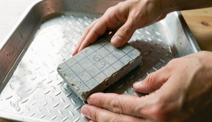 A grey water stone marked with a pencil grid resting on a diamond plate in a shallow tray of water, a hand steadying it, bright window light, close view from above.