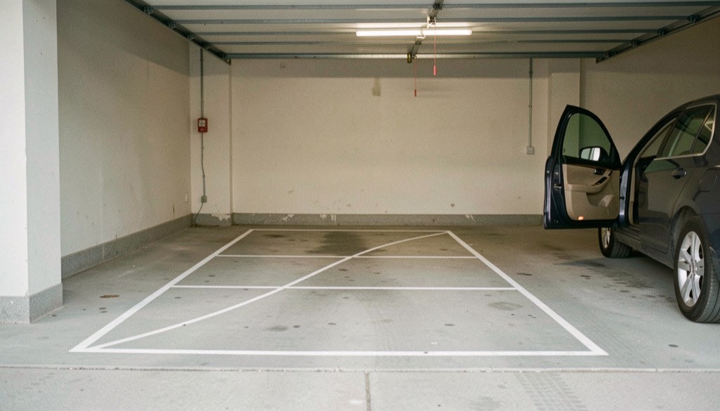 A concrete garage floor with chalk lines marking a rectangle against the end wall and the arc of an open car door drawn beside it, the rear of a car visible at the edge of frame, striplight overhead, wide view.