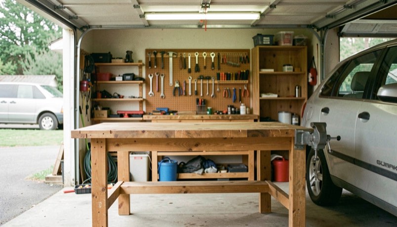 A sturdy timber workbench with a metal vice bolted to one end and hand tools hanging on a pegboard behind it, in a domestic garage beside a parked car, striplight overhead, wide view.
