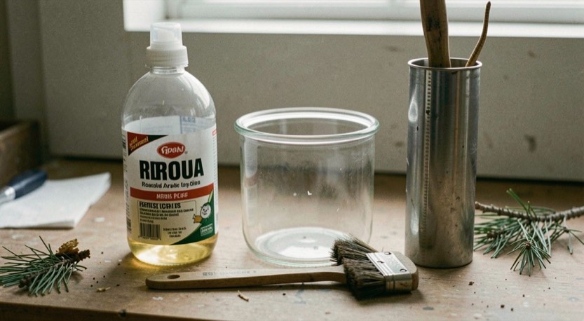 Three glue containers, a plastic bottle, a glass pot and a metal tube, standing on a workbench with a stiff brush and a scrap of pine, soft overcast light, close view.