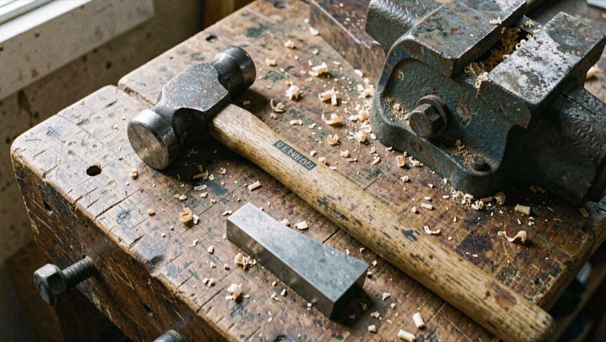 A claw hammer head, a fresh ash handle and two steel wedges laid on a workbench beside a vice, shavings scattered around, daylight from the side, close view from above.