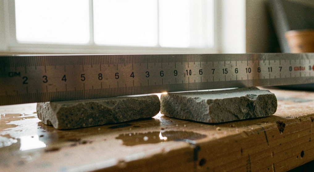 A steel rule stood on edge across a grey water stone with a clear gap of light visible under its middle, the stone lying on a wet bench, bright window light, close view at eye level.