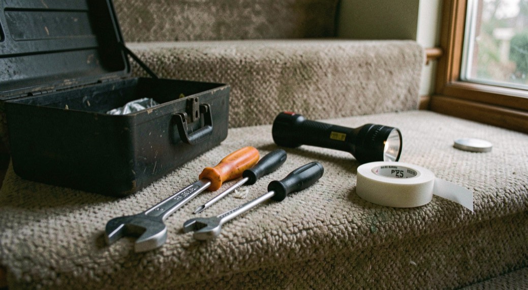 An adjustable spanner, a screwdriver, a torch and a roll of PTFE tape lying on a carpeted stair tread beside an open toolbox, evening light from a landing window, close view.