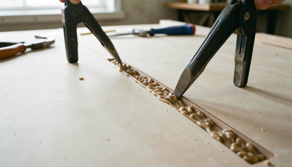 A thin strip of walnut being pushed into a routed slot in a table top with glue along its edges and two clamps standing by, workshop daylight, close view along the length of the repair.