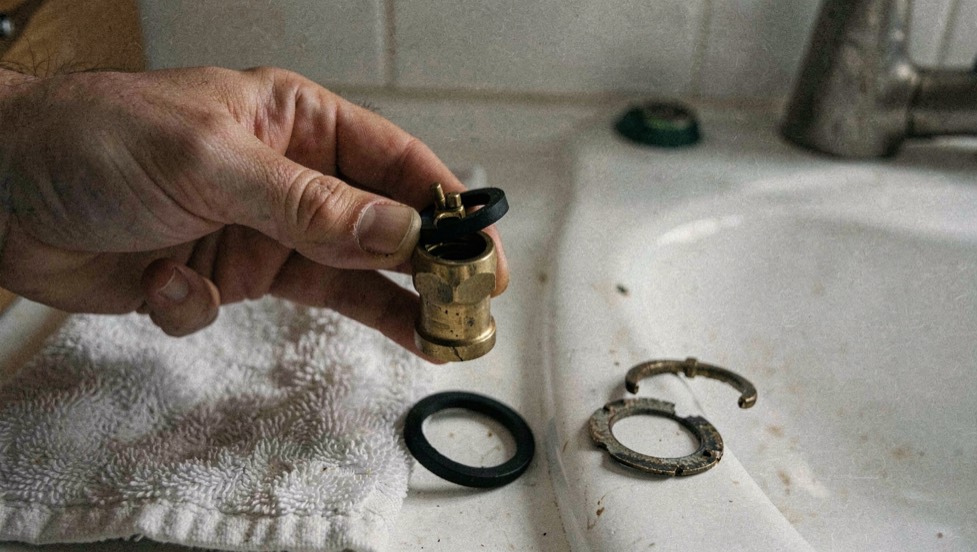 A brass tap headgear held in one hand with a new black rubber washer seated on its jumper, the old cracked washer lying on a folded towel beside a basin, close view under a downlight.