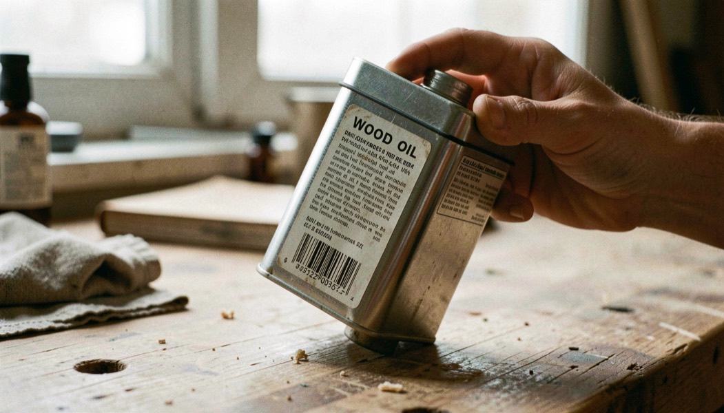 A hand tilting a metal tin of wood oil towards the light to read the small print on its back label, a workbench and a folded rag behind, close view.