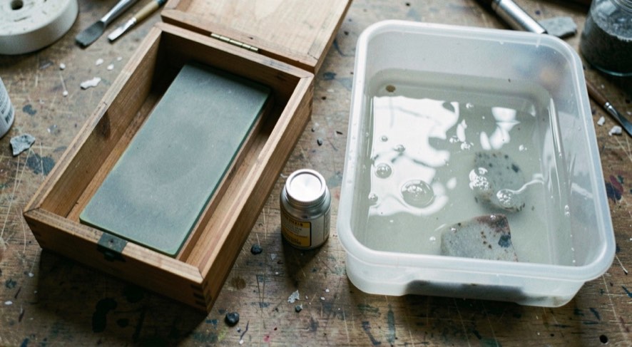 An oilstone in a wooden box and a soaking water stone in a plastic tray side by side on a workbench, a small oil can between them, cool north light, close view from above.