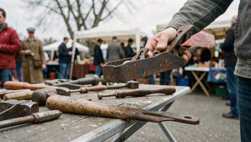 A rusty cast iron smoothing plane held in one hand above a folding table of secondhand tools at an outdoor market, overcast morning light, close view of the sole.
