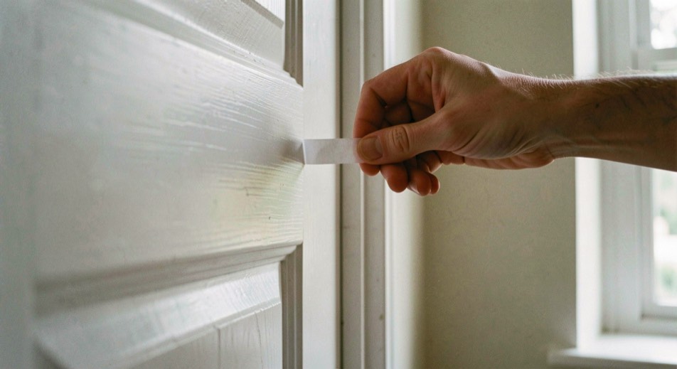 A hand pulling a narrow strip of paper from the gap between a closed white painted door and its frame near the top hinge, hallway daylight from a landing window, close view of the door edge.