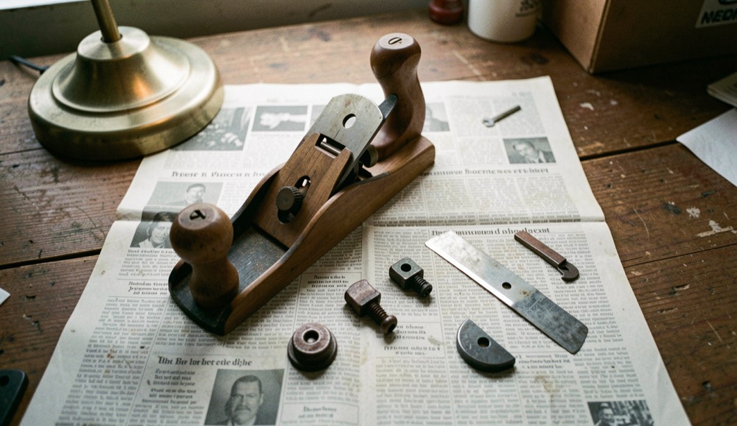 A hand plane dismantled on a sheet of newspaper with the frog, lever cap, cap iron and blade laid out in a row beside the body, kitchen table lamp light, view from above.