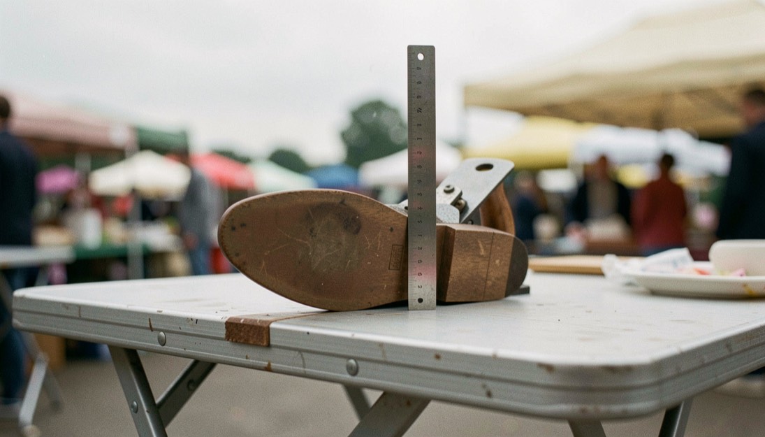 A short steel rule stood on edge across the sole of an upturned hand plane on a folding market table, a thin line of daylight visible under the rule near the toe, overcast light, close view.