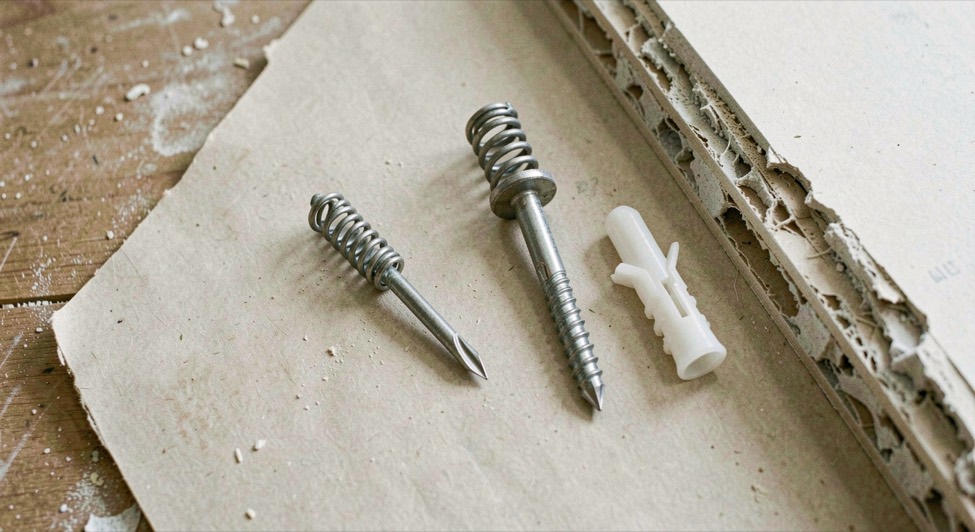 A spring toggle, a metal self drilling anchor and a plastic anchor arranged in a row on a dust sheet beside a section of cut plasterboard, bright indoor light, close view from above.