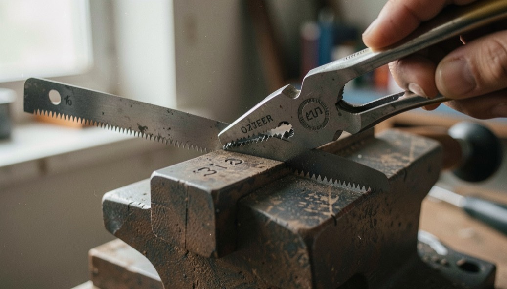A saw set plier gripping a single tooth on the edge of a hand saw blade held in a vice, the numbered anvil visible on the tool, hard light from a bench lamp, very close view.