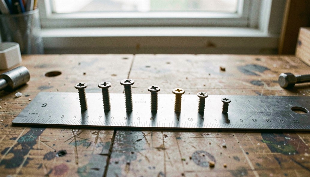 Eight wood screws of increasing size laid in a row across a steel rule on a workbench, their heads aligned, cool daylight from a window, close view from above.