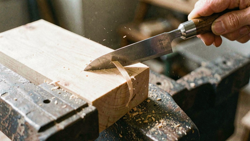 A freshly sharpened chisel paring a thin curl from the end grain of a pine block held in a vice, the shaving lifting away, bright side light, close view.