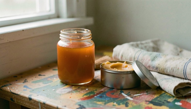 A jar of amber shellac, a soft brush and an open tin of wax paste on a painted shelf, a rag folded beside them, soft window light, close view.