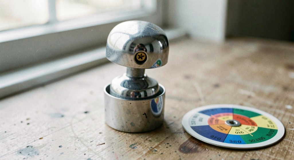 A chrome tap handle lifted away to show a small brass screw in a recess at the top of the spindle, a coloured index disc lying on the worktop beside it, cool daylight from a window, close view.