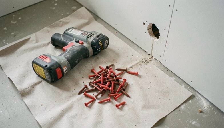 A handful of red and brown wall plugs spilled on a dust sheet next to a cordless drill and a freshly drilled hole in a plasterboard wall, bright indoor light, close view from above.