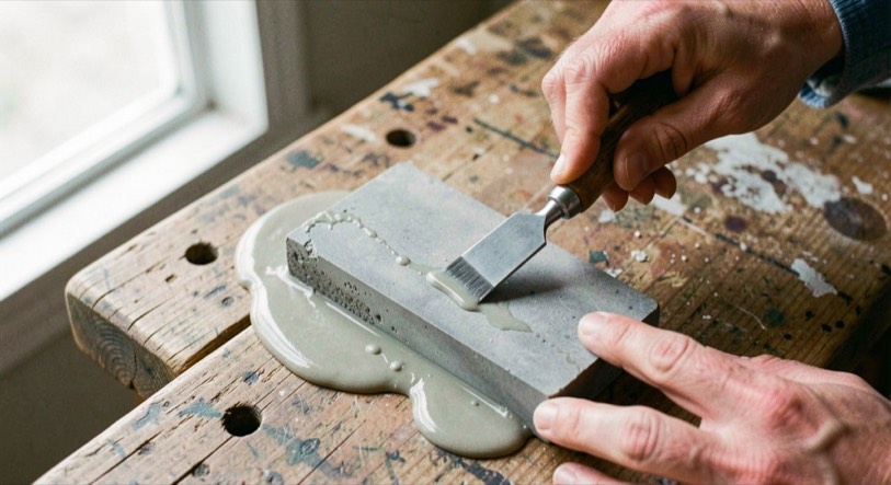Hands holding a bevel edge chisel flat against a soaked grey water stone on a wooden bench, slurry pooling at the edge of the stone, daylight from a window on the left, close view from above.