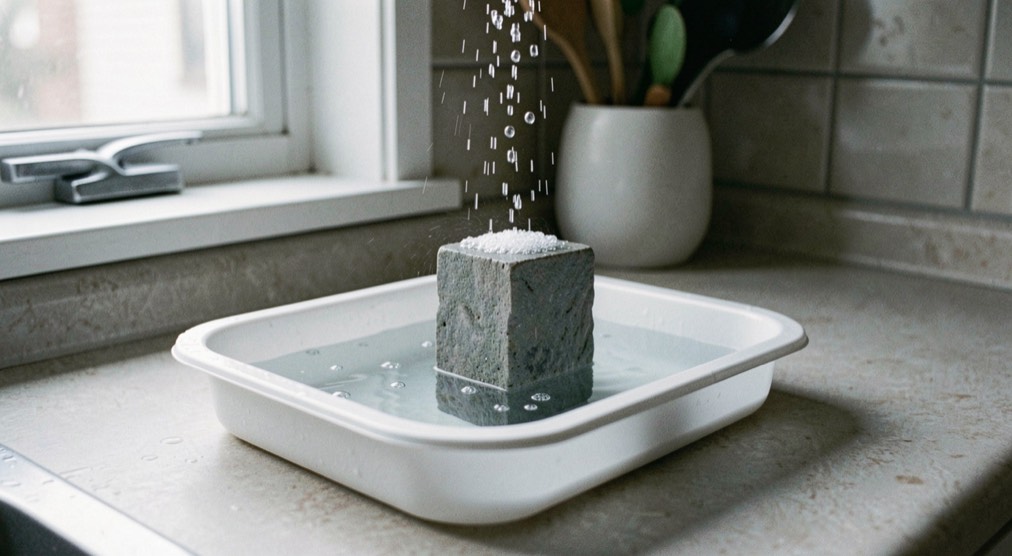 A grey water stone standing in a shallow plastic tray of water with a stream of small bubbles rising from it, on a kitchen draining board, cool daylight from a window, close view.