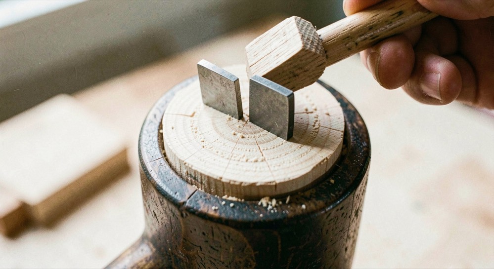 The top of a hammer eye with a wooden wedge and two small steel wedges driven home and filed flush, the pale end grain of the ash visible around them, bright task light, very close view.
