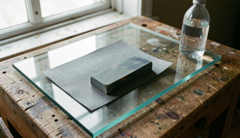 A sheet of grey wet and dry abrasive paper lying on a thick offcut of float glass on a bench, a water stone resting on it and a bottle of water beside, north light from a window, close view from above.