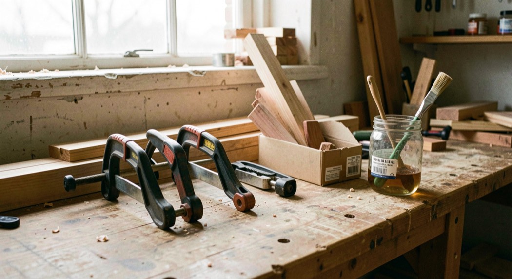 Four sash clamps, a band clamp and a box of hardwood offcuts standing against the end of a workbench with a glue brush in a jar, afternoon light through a workshop window, wide view.