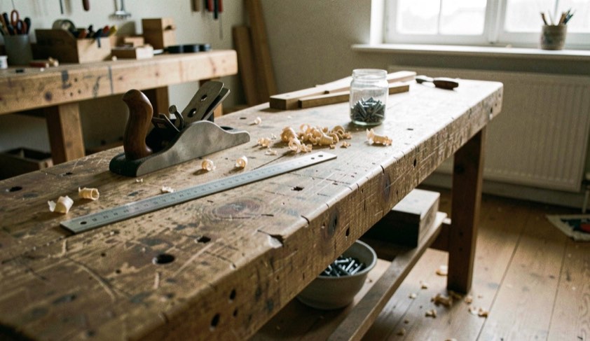 A well used timber workbench seen along its length, a hand plane, a folding rule and a jar of screws on the top, shavings on the floor, low morning sunlight from a window at the far end, wide view.