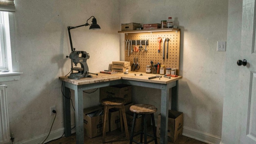 A compact workbench in the corner of a spare room with a vice, a pegboard and a stool, boxes stacked under the top, evening lamp light, wide view.